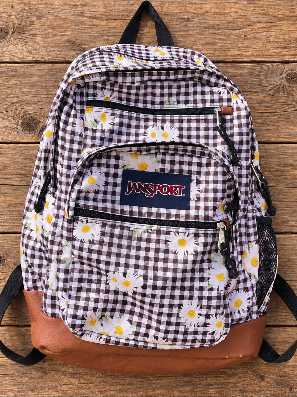 Jansport Brown Gingham Daisy Kids Backpack with Tan Faux-Leather Base